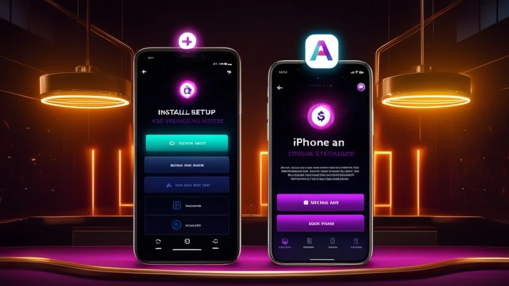 Android and iPhone devices showing an installation prompt for a mobile casino app