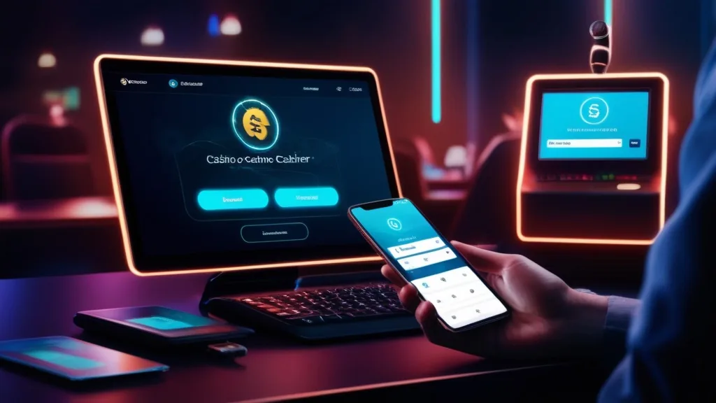 Casino cashier screen showing cards, phone payments, and secure transaction options