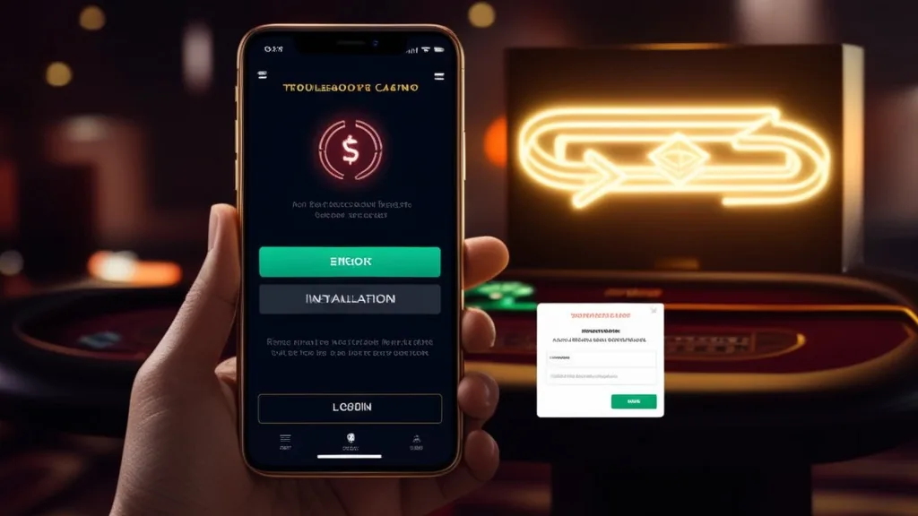 A smartphone showing app error and refresh symbols in a dark casino-themed setting