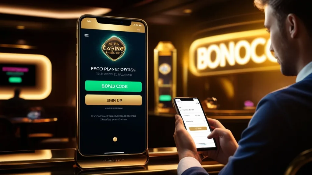 New player checking a bonus code field on a casino sign-up screen
