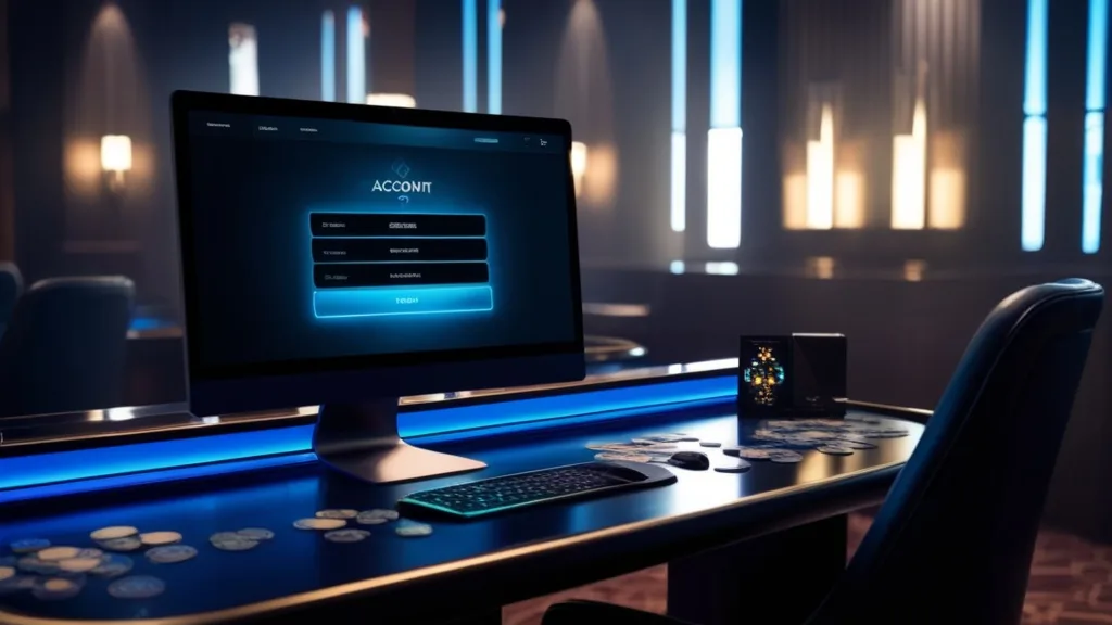 Glowing login screen in a dark casino setting with chips on the desk