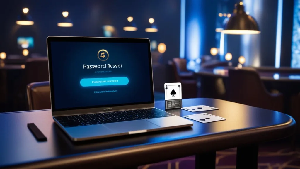 Password reset screen beside an email notification in a dark casino office
