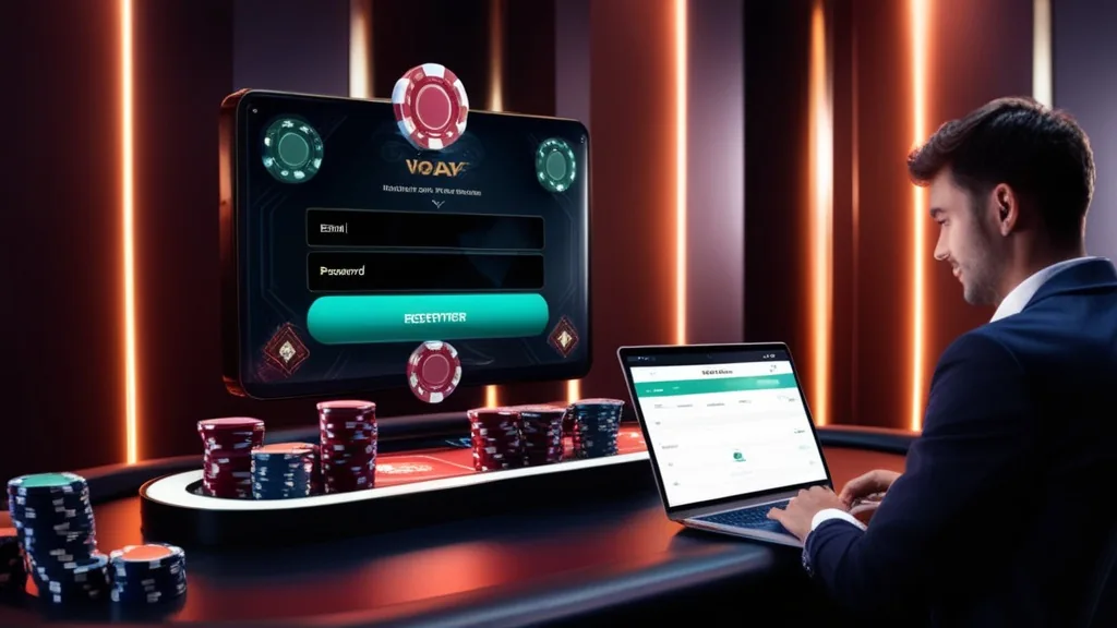 Registration form glowing above poker chips beside a laptop in a casino scene