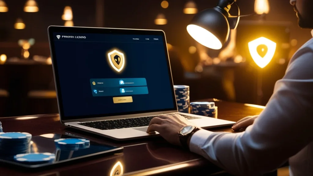 Secure login dashboard with shield icon and phone authentication in a casino setting
