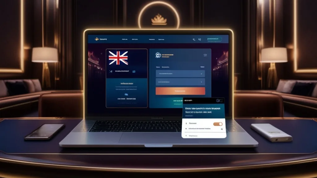 UK-themed login screen with verification prompt in a dark casino lounge