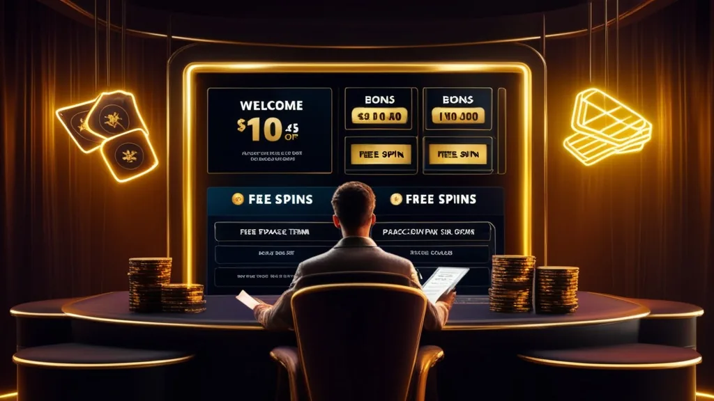 Welcome offer display with bonus cards and free spins in a dark casino setting