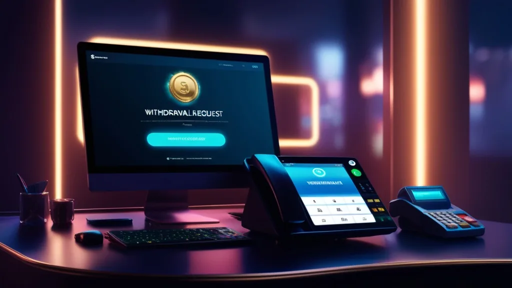 Dark casino cashier screen showing a withdrawal request and verified account status